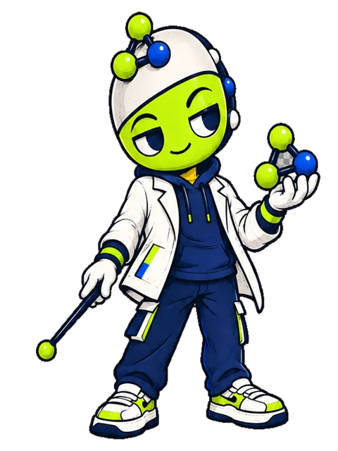 PeptideSwap cartoon lab guide holding a molecule model