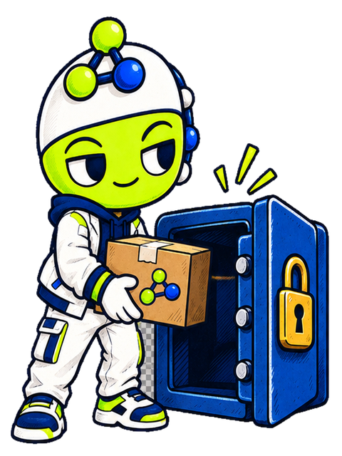 PeptideSwap mascot placing a parcel in a secure box