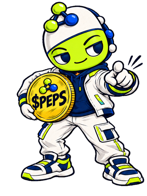 PeptideSwap mascot holding a $PEPS coin