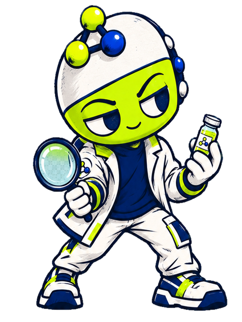 PeptideSwap cartoon guide checking a product with a magnifier