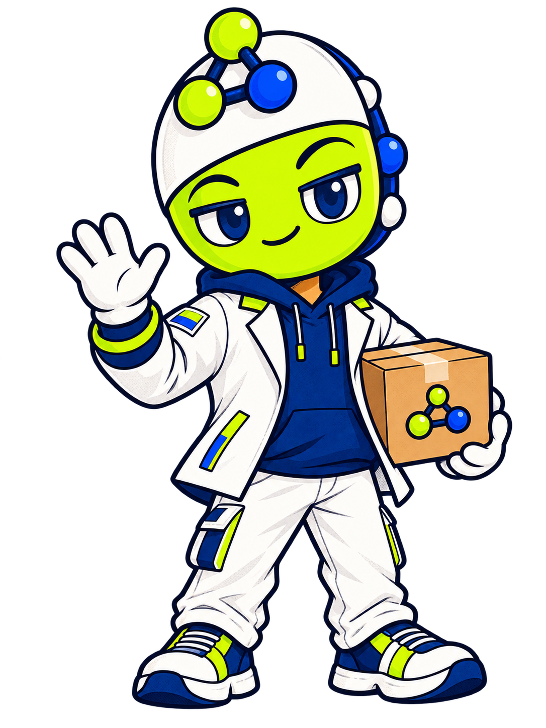 PeptideSwap cartoon guide waving with a parcel